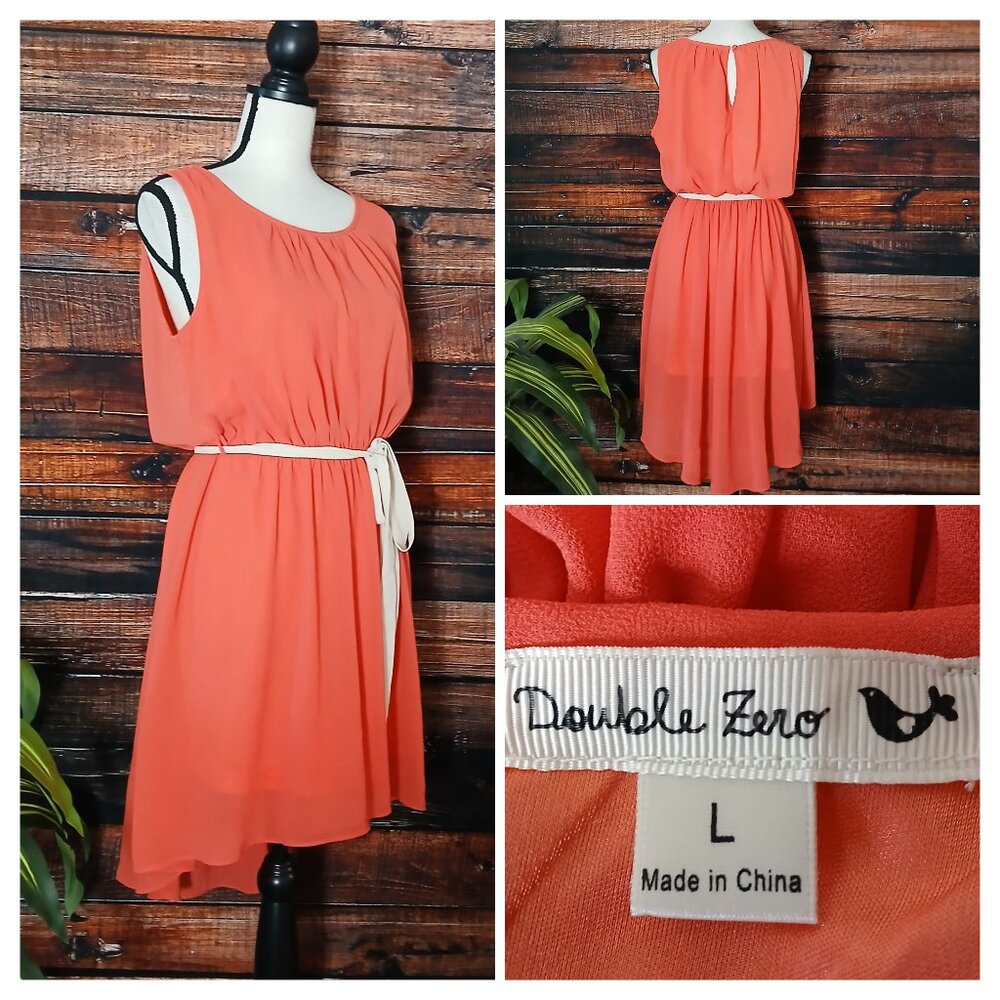 Double Zero Dress L Belted Elastic Waist Flowy Sheer Lined Hi Low Keyhole